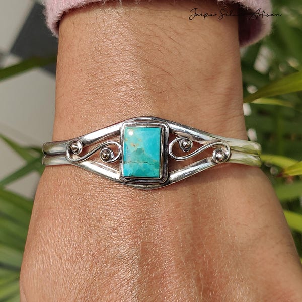 Handmade Kingman Turquoise Bangle, 925 Silver Gemstone Jewelry, Adjustable Cuff Bracelet