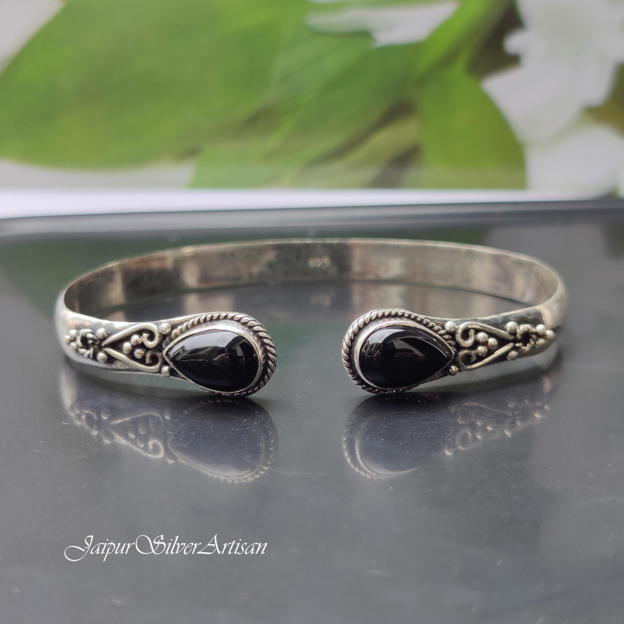 Black Onyx Bangle: Adjustable 925 Sterling Silver Gemstone