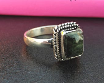 Handmade Seraphinite 925 Sterling Silver Ring: Statement Gemstone Ring