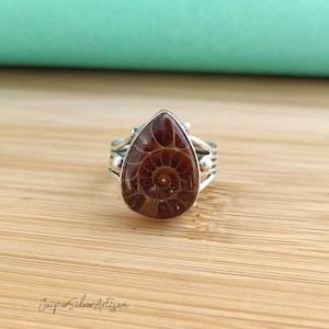 Pear Natural Ammonite Fossil Gemstone Silver Ring || Fossilized Ammonite Ring || Silver Designer Ring || Handmade Women Ring || Gift For Her