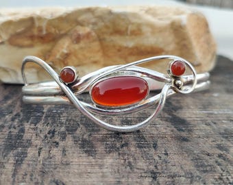 Handcrafted Carnelian Gemstone Bangle / 925 Sterling Silver Bohemian Jewelry / Statement Wristband Cuff Bracelet For Women's