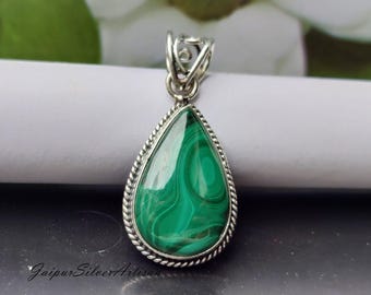 Handmade Teardrop Malachite Pendant: 925 Sterling Silver Necklace