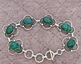Pulsera de malaquita hecha a mano: Joyería bohemia de plata de ley 925