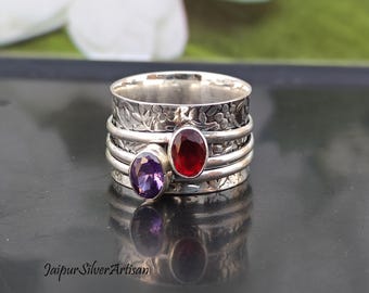 Handcrafted Sterling Silver Spinner Ring: Amethyst & Garnet Worry Ring
