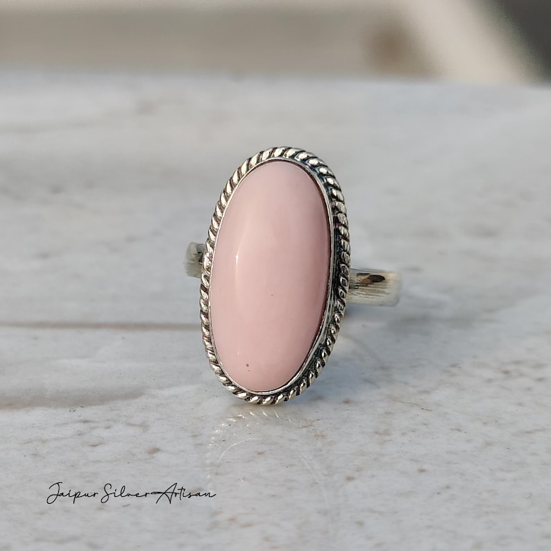 Handmade Kingman Turquoise Ring: Oval Sterling Silver Bohemian Jewelry Pink Opal