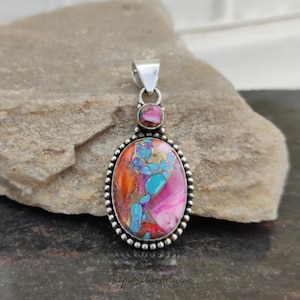Pink Turquoise Pendant ~ Silver Statement Pendant ~ Charming Necklace ~ Double Stone Pendant ~ Natural  Spiny Oyster Necklace ~ Gift Jewelry