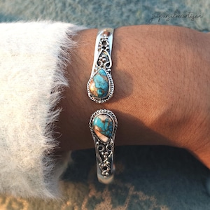 Oyster Copper Turquoise Bangle || 925 Sterling Silver Gemstone Bangle || Oyster Stone Bracelet || Women Gift Bangle Bracelet || Wedding Gift