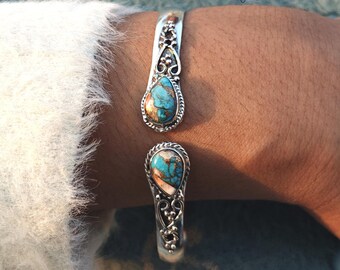 Oyster Copper Turquoise Bangle: 925 Sterling Silver Gemstone Bracelet