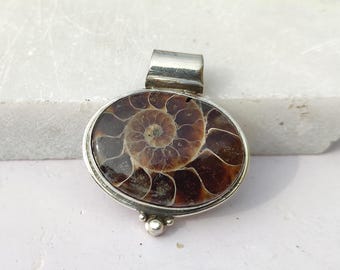 Natural Ammonite Gemstone Pendant, Handmade Silver Jewelry, Boho Chain Necklace