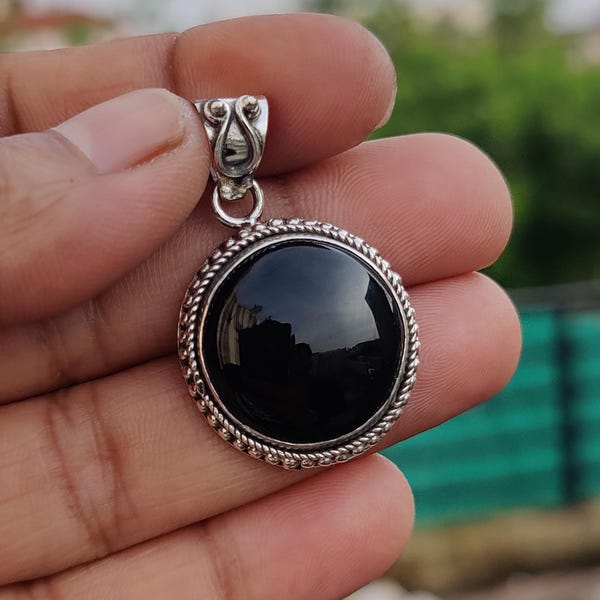 Handmade Round Black Onyx Pendant: Sterling Silver Anniversary Necklace