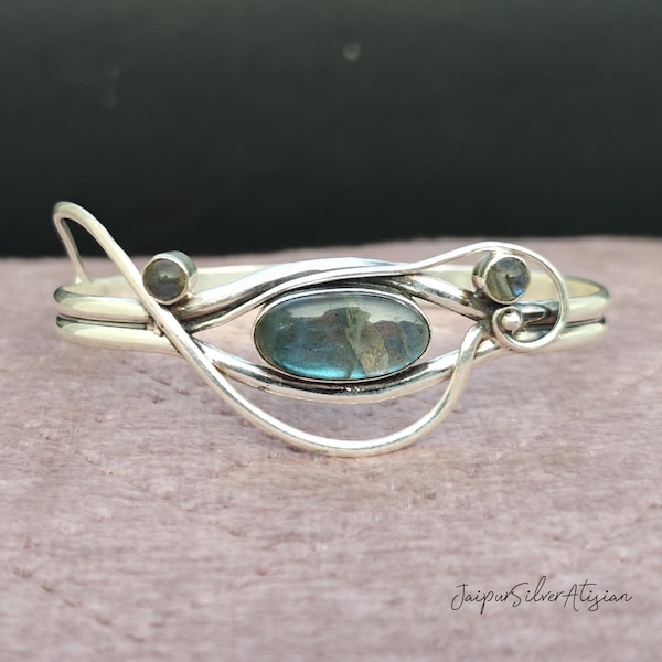 Brazalete de labradorita hecho a mano en plata de ley 925 - Brazalete ajustable
