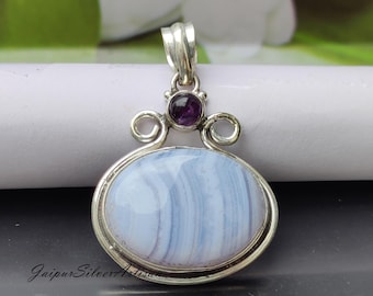 Blue Lace Agate & Amethyst Pendant: Sterling Silver Boho Necklace
