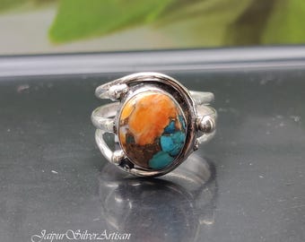 Oyster Copper Turquoise Ring: Handmade 925 Sterling Silver Statement Band