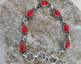 Red Coral Sterling Silver Bracelet: Handmade Women's Jewelry