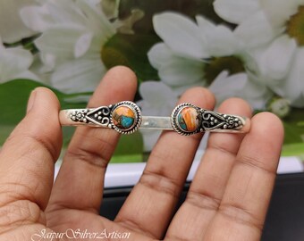 Oyster Copper Turquoise Bangle: Adjustable 925 Sterling Silver Gemstone Bracelet