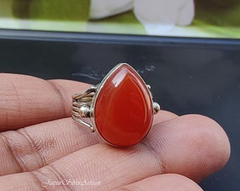 Handmade Pear Carnelian Ring: Boho 925 Sterling Silver Band