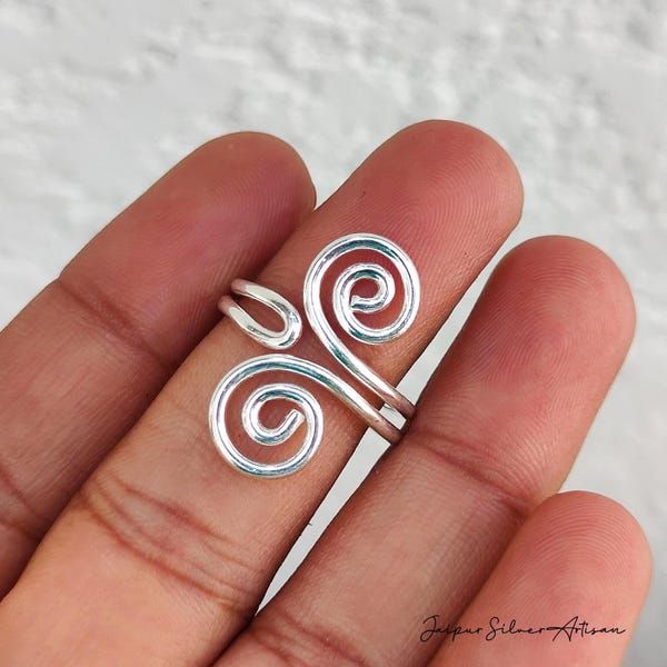 Minimalist Double Spiral Ring - 925 Sterling Silver Adjustable Band - Handcrafted Stacking Jewelry