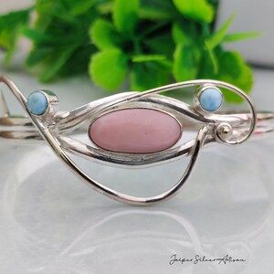 Bracelet jonc en opale rose naturelle - Argent sterling 925 et fil de larimar - Bracelet bohème fait main, un cadeau idéal pour femme