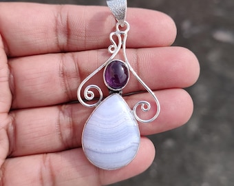Blue Lace Agate & Amethyst Pendant: Sterling Silver Boho Necklace