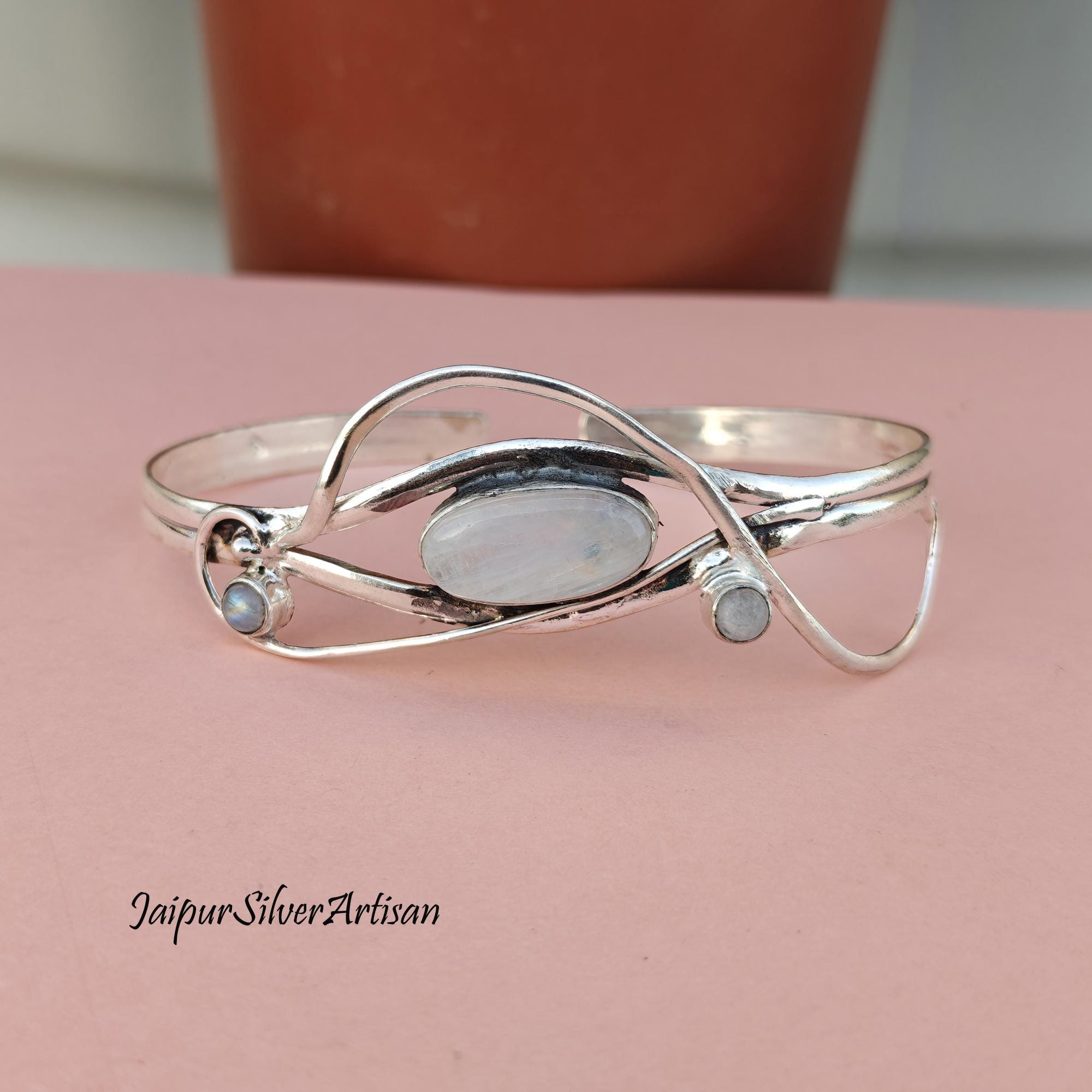 Bracelet Manchette En Argent 925 Et Pierres De Lune - Bijou Vintage Occasion, Argenté