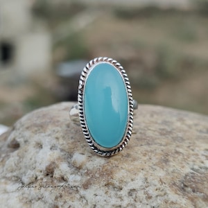 Handmade Kingman Turquoise Ring: Oval Sterling Silver Bohemian Jewelry Aqua Chalcedony