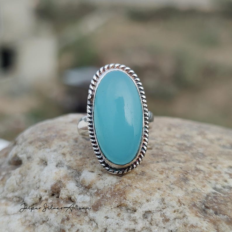Handmade Kingman Turquoise Ring: Oval Sterling Silver Bohemian Jewelry Aqua Chalcedony