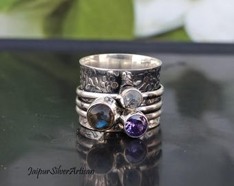 Labradorite Spinner Ring: Sterling Silver Meditation Ring with Moonstone & Amethyst