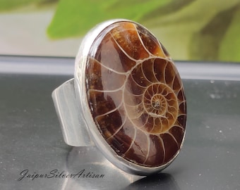 Ammonite Fossil Gemstone Silver Ring, Sterling Silver Ring, Fossilized Ammonite Ring, Natural Gemstone Ring, Handmade Statement Ring For Her