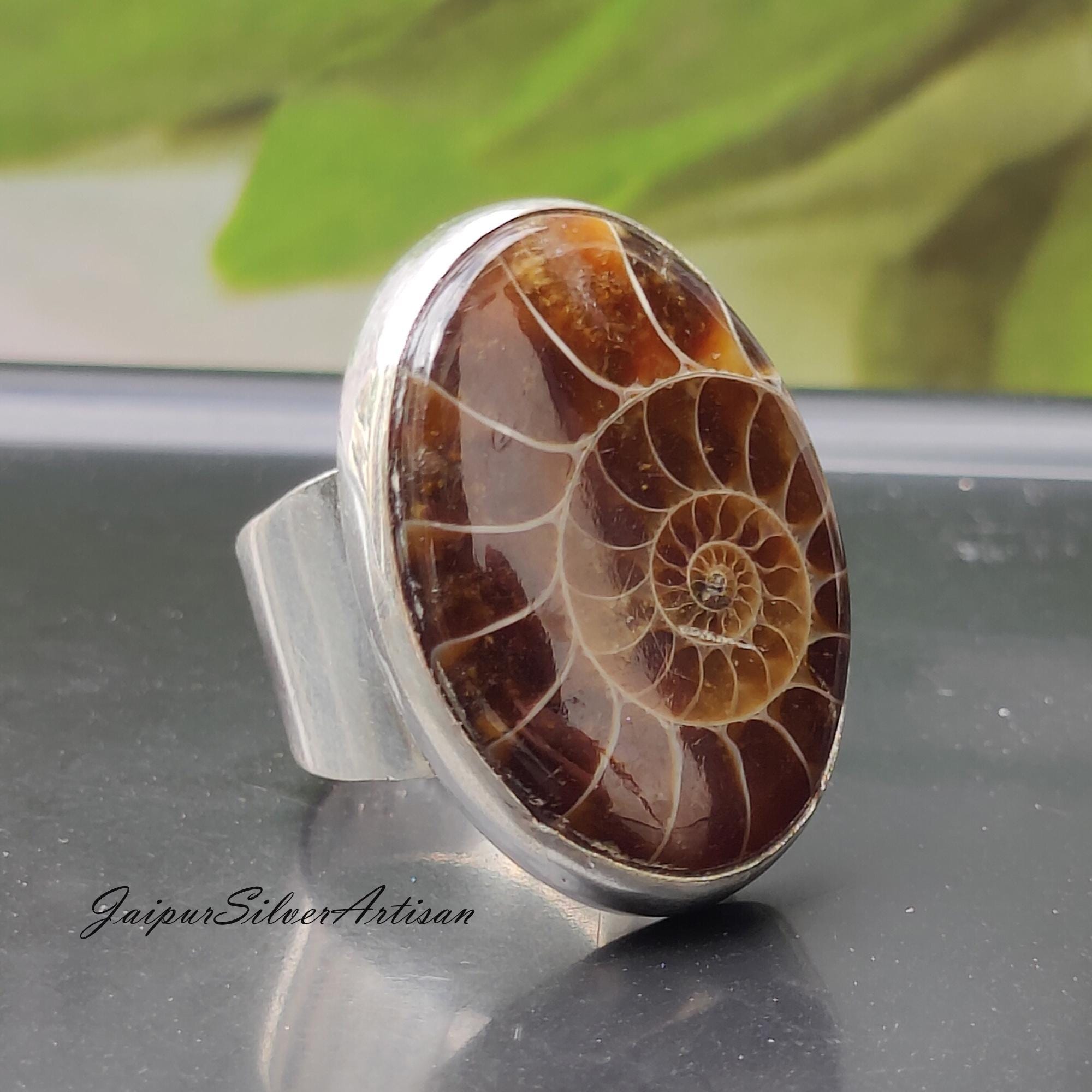 Ammonite Fossil Gemstone Silver Ring, Sterling Silver Ring, Fossilized Ammonite Ring, Natural Gemstone Ring, Handmade Statement Ring For Her