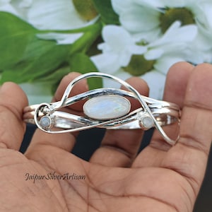 Handcrafted Moonstone Cuff Bracelet: 925 Sterling Silver Boho Jewelry