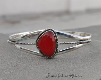 Handmade Carnelian Gemstone Bangle - 925 Sterling Silver Bohemian Jewelry - Statement Cuff Bracelet
