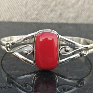 Red Coral Bangle, Sterling Silver Bangle, Red Coral Gemstone, Handmade Jewelry, Adjustable Cuff Bangle, Designer Bangle, Gift Item For Women