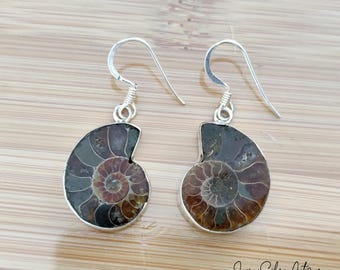 Handmade Ammonite Gemstone Sterling Silver Earrings: Fossil Jewelry