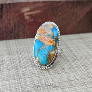 Oyster Copper Turquoise Ring, Silver Handmade Ring, Multi Color Ring, Oval Stone Ring, Women Gift Ring, Boho Dainty Ring, Turquoise Jewelry.