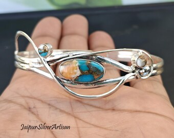 Oyster Copper Turquoise Sterling Silver Bangle Bracelet - Adjustable