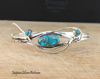 Blue Copper Turquoise Bangle,, 925 Silver Cuff Bangle Bracelet,, Handmade Women Bangle,, Turquoise Jewelry,, Classic Silver Gemstone Jewelry
