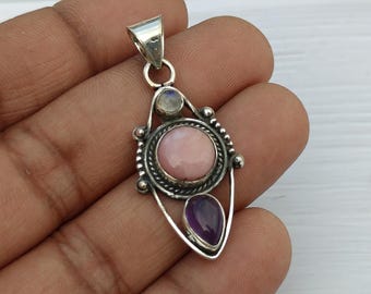 Handmade Sterling Silver Pink Opal Pendant: Moonstone & Amethyst Charm