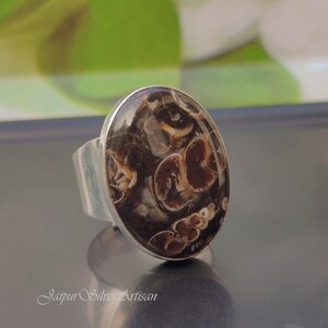 Turritella Agate Ring - Fossil Pendant - 925 Sterling Silver Jewelry - Turritella Agate Cabochon Stone Wide Silver Ring - Gemstone Ring