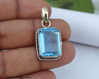 Blue Topaz Gemstone Pendant, Sterling Silver Handmade Jewelry, Minimalist Necklace For Her