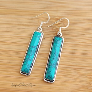 Natural Turquoise Earring || Rectangle Gemstone Earrings || 925 Silver Earrings || Turquoise Jewelry Earring || Earring For Women's & Girls