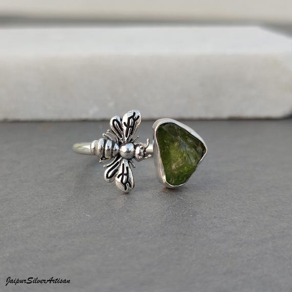 Raw Peridot Honey Bee Ring, Handcrafted 925 Sterling Silver