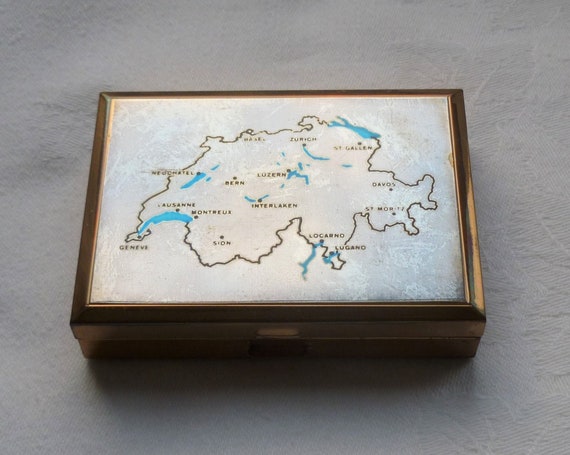 Vintage Musical Powder Compact with Map of Switze… - image 1