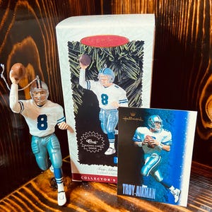 Vintage 1996 Troy Aikman Hallmark Collectible Set! Ornament and Football Card!