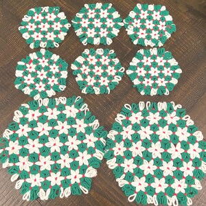 Simply Vintage! Set of Christmas Crochet Trivets and Coasters! Hexagon Lap Loom Weave