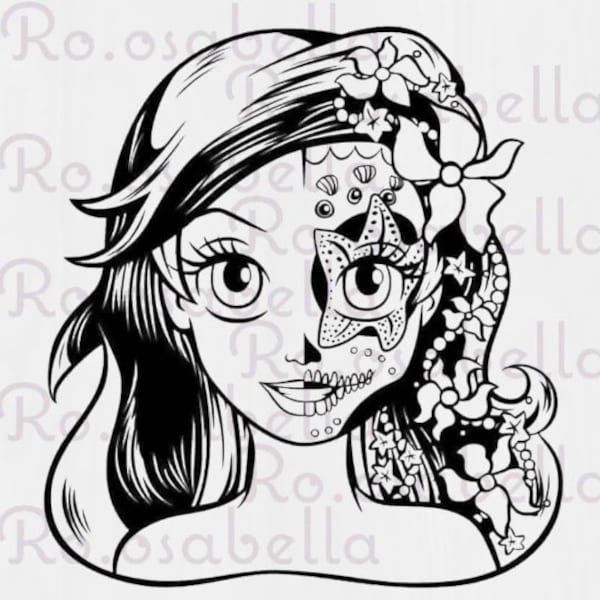 Mermaid princess sugar skull zombie SVG/PNG cut file -Compatible with Cricut Design Space