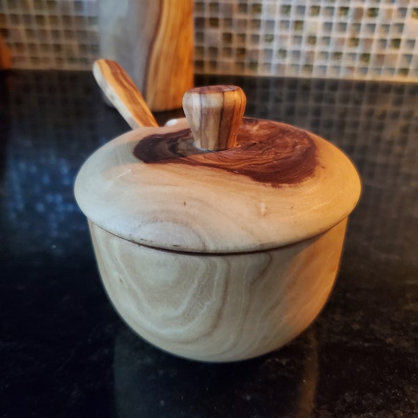 Olive Wood Sugar Pot With Coffee Spoon / Spice Container / Kitchen Storage / Coffee Keeper