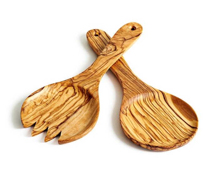 Olive Wood Pasta/Salad Server Set | Olive Wood Spoon Set