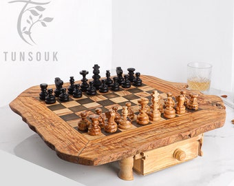 Rustic Olivewood Chess Board with drawer 20"X20"