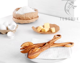 Pinzas para ensalada de madera de olivo artesanales, tipo tijera (26,7 cm)