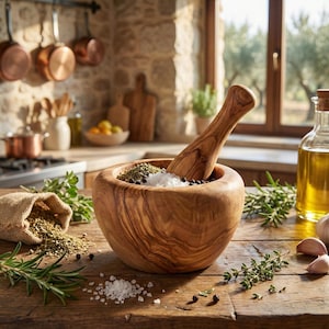 Handgjord mortel och mortelstöt i olivträ | Örtkvarn, cylindrisk mortelstöt